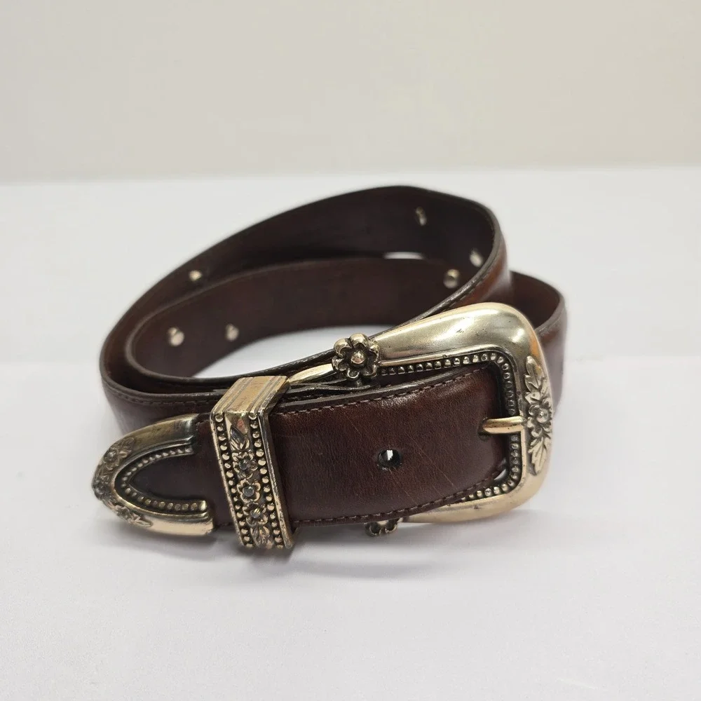 Vintage Brown Leather Gardening Theme Belt Silver Hardware‎ Charms Size M USA